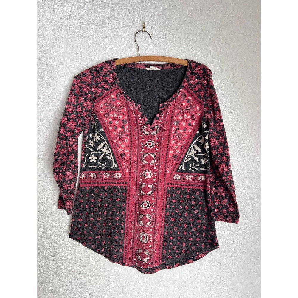 Lucky Brand Floral Print 3/4 Sleeve Top Red Black‎ XS Casual Boho Blouse